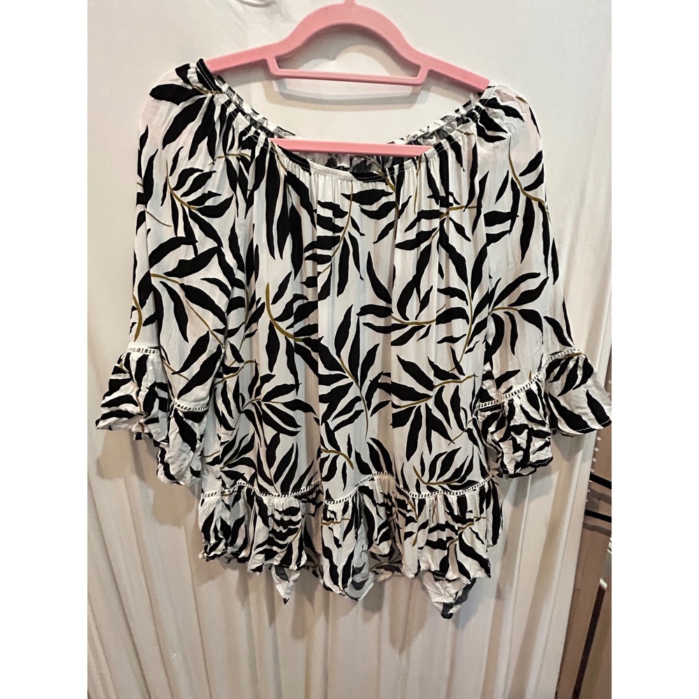 Ruffle Trim Off Shoulder Black Leafy Print Blouse Top